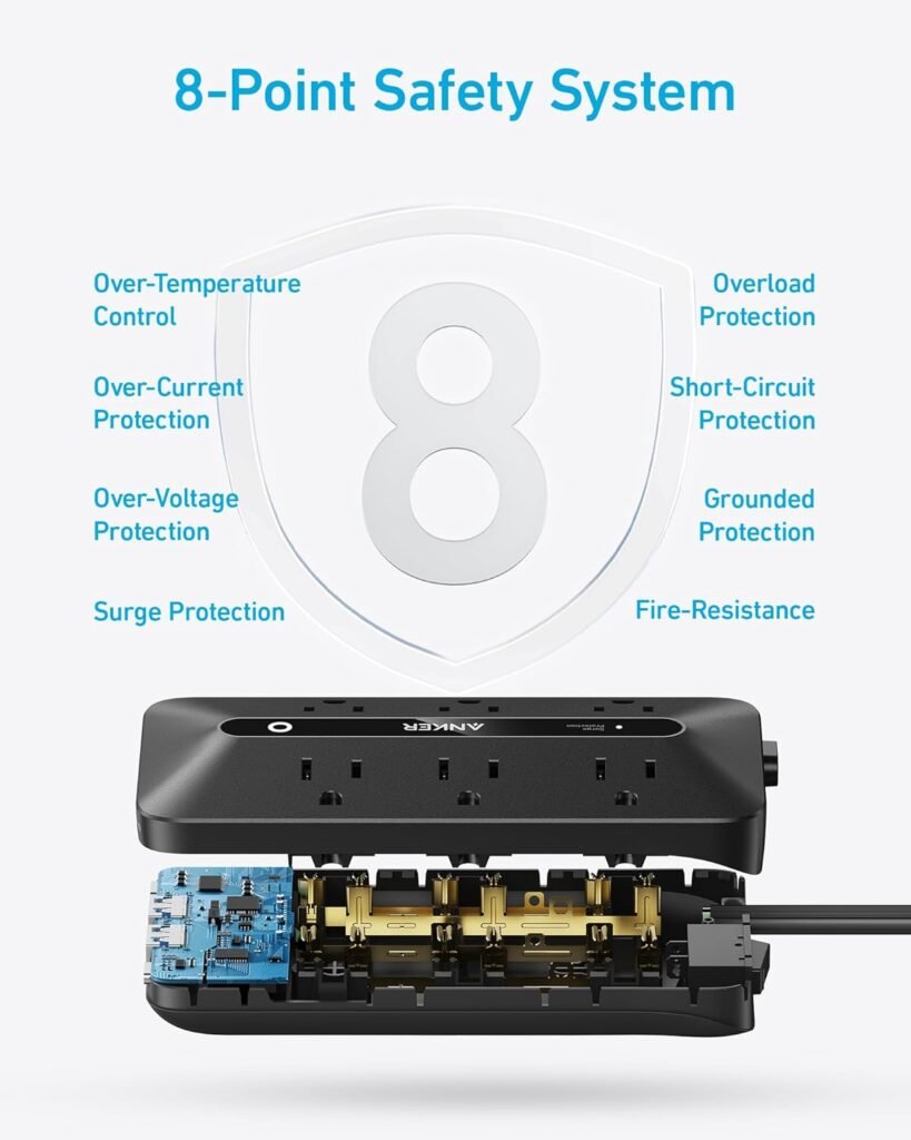 Anker 300J Flat Plug 10-in-1 Ultra Thin Power Strip with 6 AC, 2 USB-A  2 USB-C Ports, Extension Cord, Desk Charging Station for Home, Office, College, Dorm, 5 Feet, Black