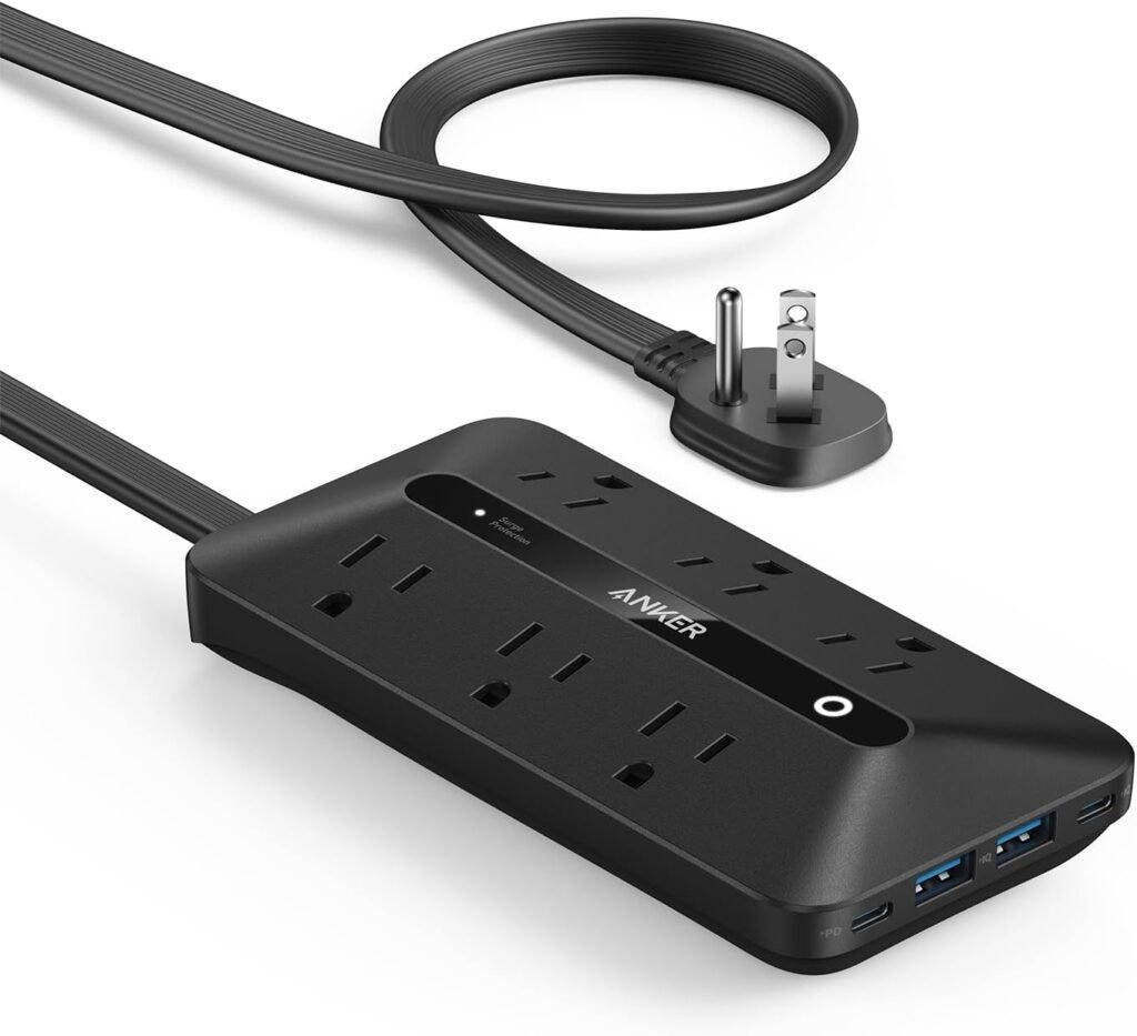 Anker 300J Flat Plug 10-in-1 Ultra Thin Power Strip with 6 AC, 2 USB-A  2 USB-C Ports, Extension Cord, Desk Charging Station for Home, Office, College, Dorm, 5 Feet, Black