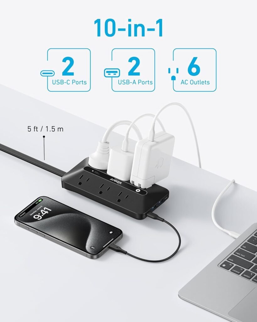 Anker 300J Flat Plug 10-in-1 Ultra Thin Power Strip with 6 AC, 2 USB-A  2 USB-C Ports, Extension Cord, Desk Charging Station for Home, Office, College, Dorm, 5 Feet, Black