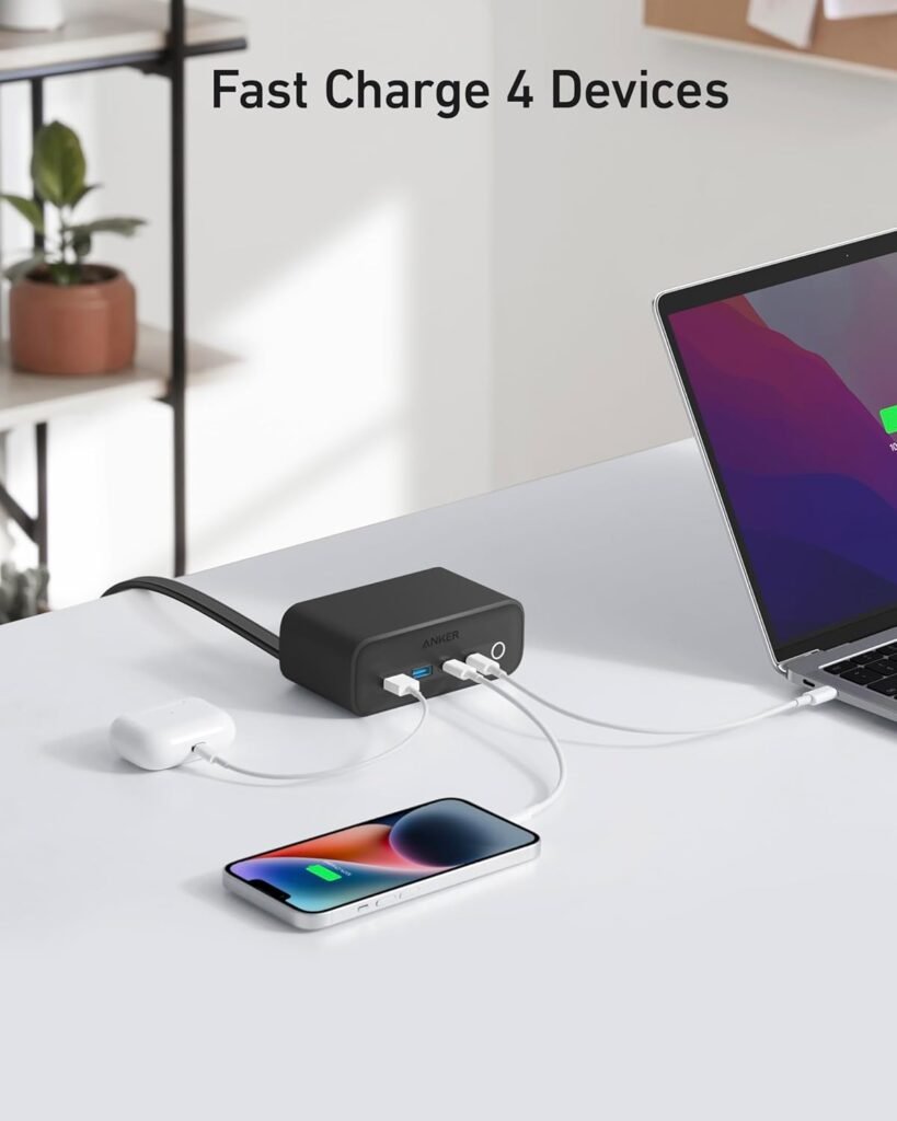 Anker 525 Charging Station, 5 ft Thin Cord and Flat Plug, 7-in-1 USB-C Power Strip for iPhone 16/15, 3 AC, 2 USB-A, 2 USB-C,65W Power Delivery Desktop Accessory for MacBook Pro,Office