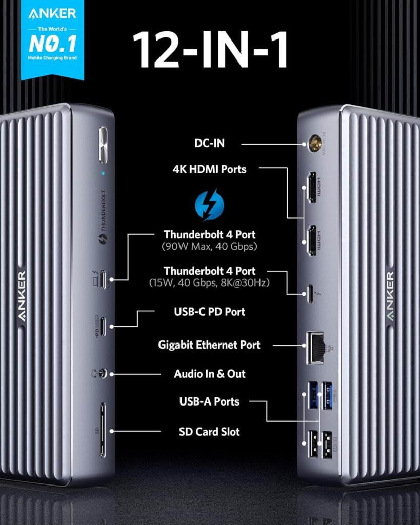 Anker 777 Thunderbolt Docking Station (Apex, 12-in-1, Thunderbolt 4), Max 90W Charging for Laptop, 20W Power Delivery, Single 8K, Triple 4K Display, 10Gbps Data, Ethernet, Audio, SD Anker 777 Thunderbolt Docking Station (Apex, 12-in-1, Thunderbolt 4), Max 90W Charging for Laptop, 20W Power Delivery, Single 8K, Triple 4K Display, 10Gbps Data, Ethernet, Audio, SD