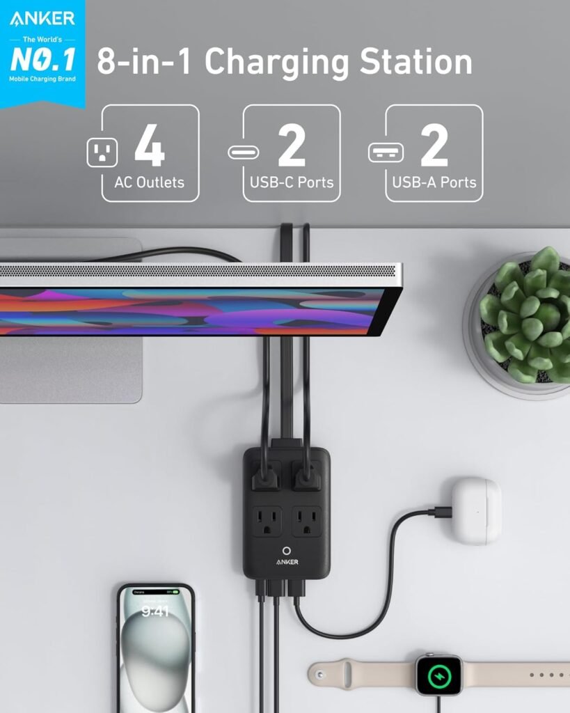 Anker Charging Station, 20W Max 8-in-1 USB-C Power Strip for iPhone 15/14 and MacBook Air/Pro, 5 ft Thin Cord with 4 AC, 2 USB-A, and 2 USB-C Ports, Fast Charging Desktop Charger for Travel, Office Anker Charging Station, 20W Max 8-in-1 USB-C Power Strip for iPhone 15/14 and MacBook Air/Pro, 5 ft Thin Cord with 4 AC, 2 USB-A, and 2 USB-C Ports, Fast Charging Desktop Charger for Travel, Office