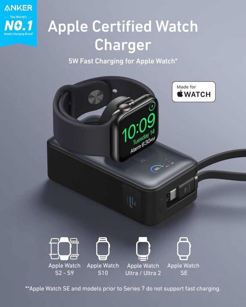 Anker MagGo Power Bank for Apple Watch, Officially Certified 10,000mAh Compact Battery Pack with Built-in USB-C Cable, 35W Max, for iPhone 15 Series, Samsung, iPad, AirPods, and More(Black)