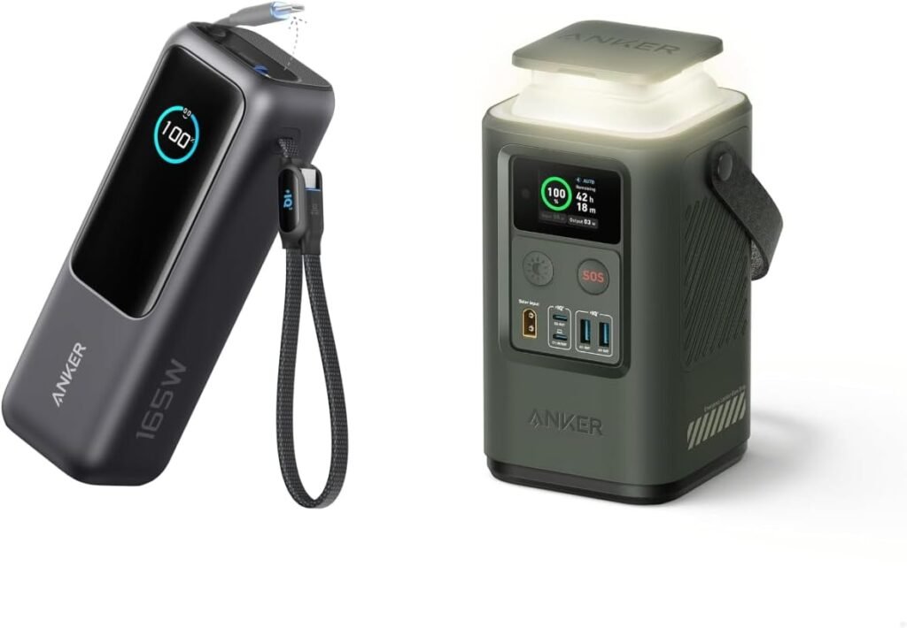 Anker Power Bank 25K 165W with Built-in USB-C and Retractable Cable Power Station 60,000mAh 87W with Smart Display, Lighting, SOS Mode, and Home Backup for Travel and Camping
