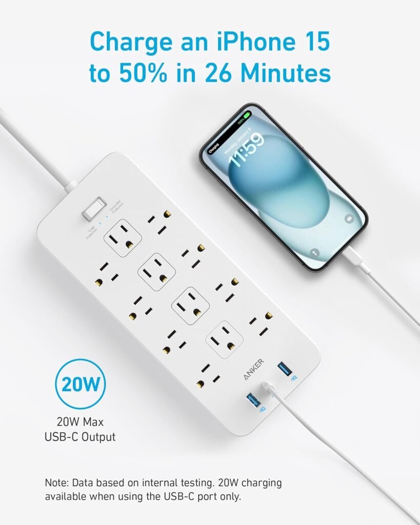 Anker Power Strip Surge Protector (2100J), 12 Outlets with 2 USB A and 1 USB C Port for Multiple Devices, 5ft Extension Cord, 20W Power Delivery Charging for Home, Office, Dorm Essential, TUV Listed Anker Power Strip Surge Protector (2100J), 12 Outlets with 2 USB A and 1 USB C Port for Multiple Devices, 5ft Extension Cord, 20W Power Delivery Charging for Home, Office, Dorm Essential, TUV Listed