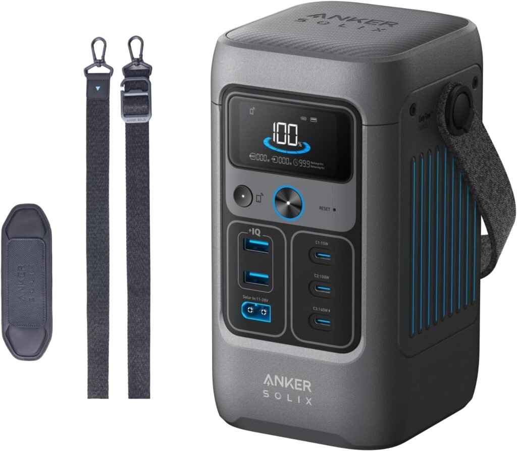 Anker SOLIX C200 DC Power Bank Station with Adjustable Strap, 192Wh Portable Power Station, LiFePO4 Battery, 200W Solar Generator, for Outdoor Camping, Traveling, and Emergencies.