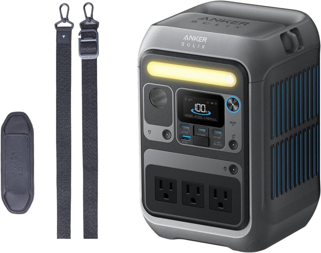 Anker SOLIX C300 Portable Power Station with Adjustable Strap, Outdoor 288Wh LiFePO4 Battery, 300W (600W Surge) Solar Generator, 140W Two-Way Fast Charging, for Camping, Traveling, and Emergencies.