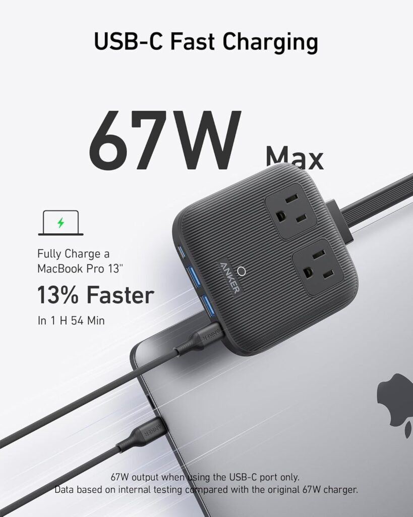 Anker USB C Cable (240W,10ft), Anker Nano Charging Station, 6-in-1 USB C Power Strip 67W Max with Flat Plug and 5 ft Thin Extension Cord, 2 AC, 2