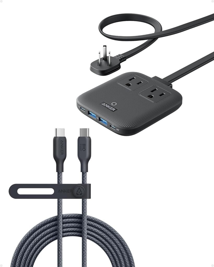Anker USB C Cable (240W,10ft), Anker Nano Charging Station, 6-in-1 USB C Power Strip 67W Max with Flat Plug and 5 ft Thin Extension Cord, 2 AC, 2