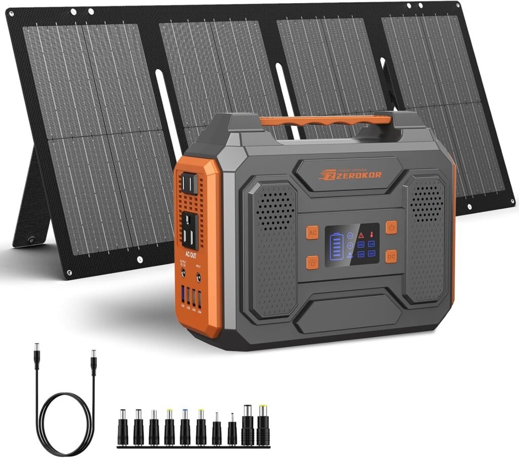 Portable Solar Generator, 300W Portable Power Station with Foldable 60W Solar Panel,110V Pure Sine Wave 280Wh Battery Power Pack with USB DC AC Outlet for Camping Smart Devices RV Van Outdoor-Orange