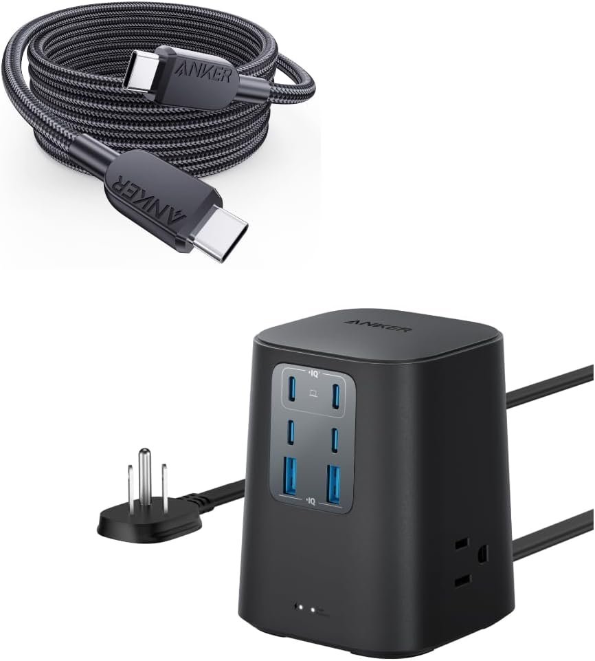 Anker 240W USB C to USB C Cable (2Pack,6ft), USB C Charger Cable Fast Charge Charging Station (100W), 9-in-1 USB C Power Strip with 300J Surge Protection