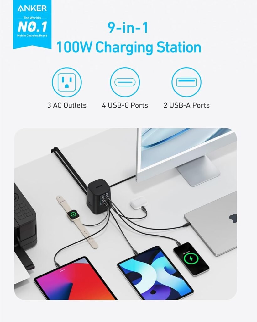 Anker 240W USB C to USB C Cable (2Pack,6ft), USB C Charger Cable Fast Charge Charging Station (100W), 9-in-1 USB C Power Strip with 300J Surge Protection