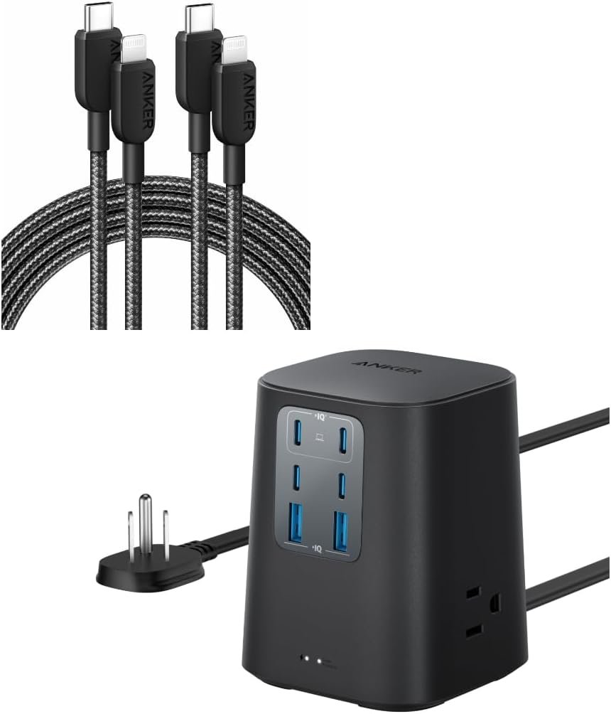 Anker iPhone Fast Charging Cable,2pack-6ft,310 USB-C to Lightning Braided Cable Charging Station (100W), 9-in-1 USB C Power Strip with 300J Surge Protection Anker iPhone Fast Charging Cable,2pack-6ft,310 USB-C to Lightning Braided Cable Charging Station (100W), 9-in-1 USB C Power Strip with 300J Surge Protection
