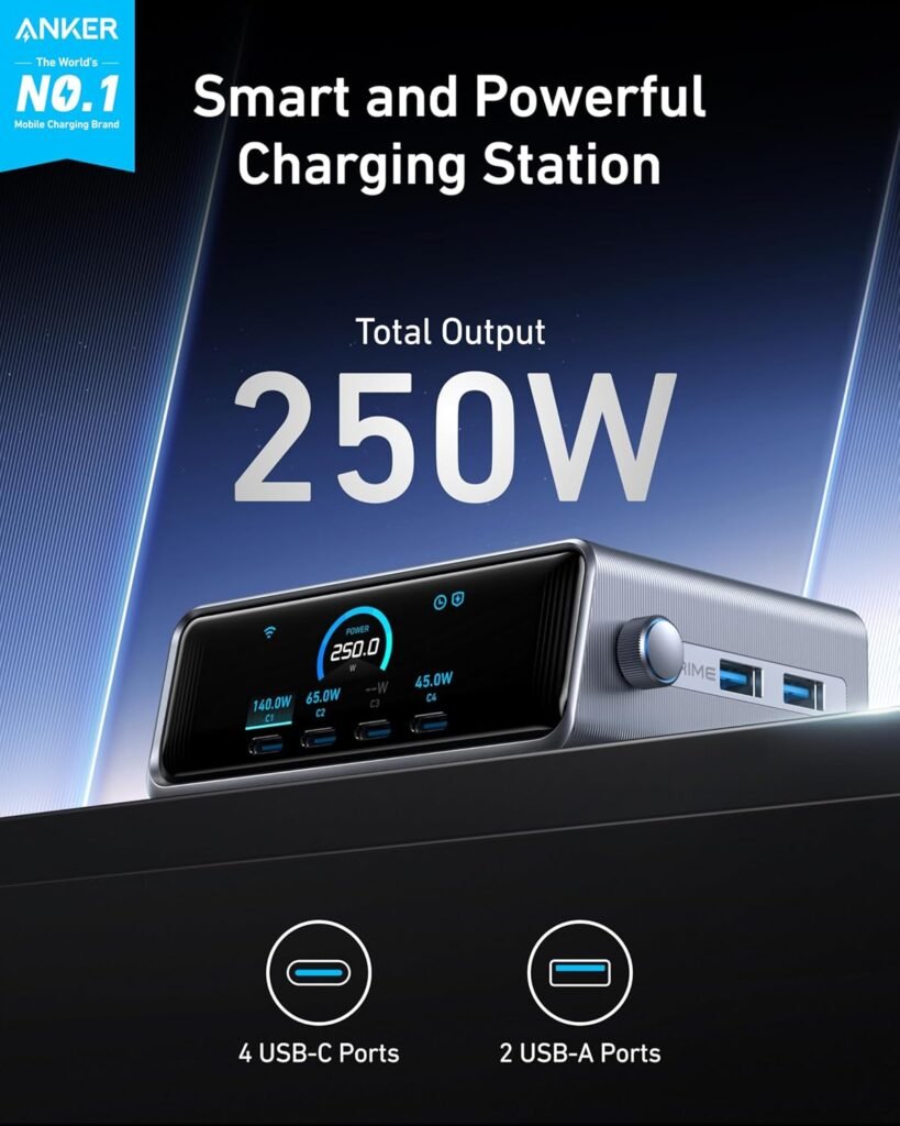 Anker Prime Power Bank, 9,600mAh Battery Pack with 65W Output, Built-in AC Plug with Anker Prime Charger, 250W GaN Prime USB C Charging Station, Ultra-Fast 6-Port, 2.26 LCD Display and Smart Control