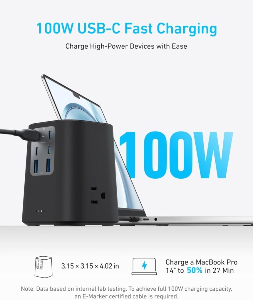 Anker USB C Cable(100W 6ft) Type C Charger Cord Powerline III Flow Silicone Fast Charging Charging Station (100W), 9-in-1 USB C Power Strip with 300J Surge Protection
