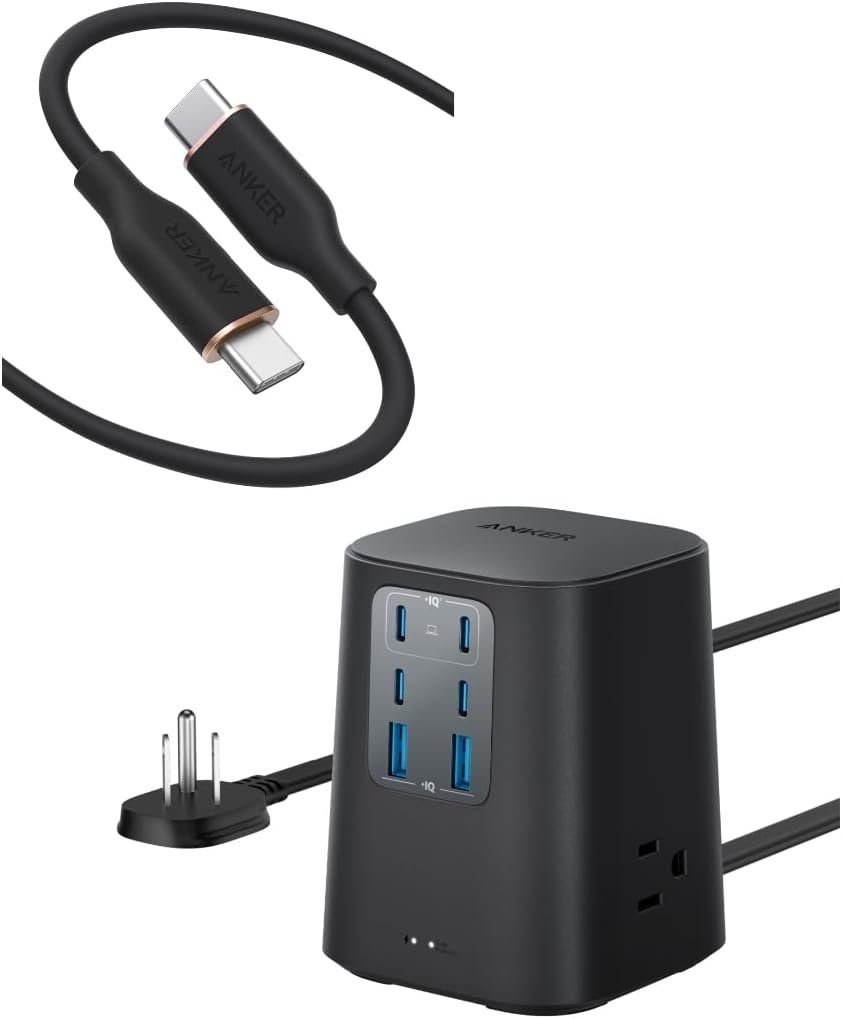 Anker USB C Cable(100W 6ft) Type C Charger Cord Powerline III Flow Silicone Fast Charging Charging Station (100W), 9-in-1 USB C Power Strip with 300J Surge Protection