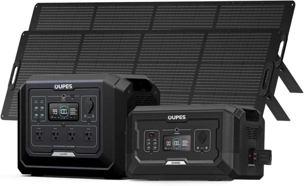 OUPES 3072Wh Mega 1 Power Station Bundle with B2 Extra Battery  480W Panel Included, 2000W (4500W Peak) LiFePO4 Battery with UPS  APP Control, for 24/7 Off-Grid Power, Power Outage, Blackout, RVs