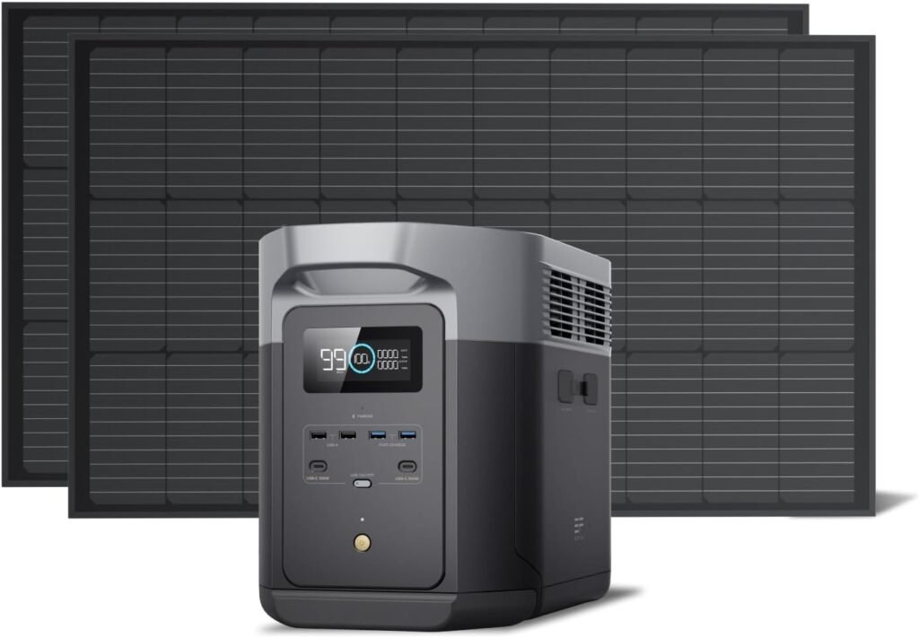 EF ECOFLOW Solar Generator DELTA 2 Max 2048Wh with 2X100W 12V Solar Panels, 2400W LFP Portable Power Station, High Efficiency Monocrystalline PV Modules, AC + Solar Fast Dual Charging For Camping RV EF ECOFLOW Solar Generator DELTA 2 Max 2048Wh with 2X100W 12V Solar Panels, 2400W LFP Portable Power Station, High Efficiency Monocrystalline PV Modules, AC + Solar Fast Dual Charging For Camping RV