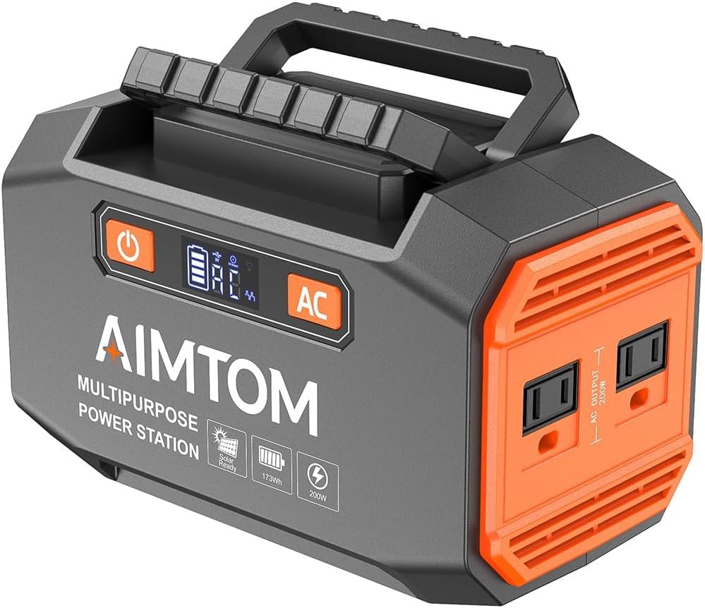 AIMTOM Portable Power Station 173Wh Lithium Battery, 200W AC Outlet (250W Surge), 18W USB-C, 2x USB-A, 2x 12V DC Outputs, LED Flashlight – Ideal for Camping, Travel, Emergency Backup, RV, Home Use AIMTOM Portable Power Station 173Wh Lithium Battery, 200W AC Outlet (250W Surge), 18W USB-C, 2x USB-A, 2x 12V DC Outputs, LED Flashlight – Ideal for Camping, Travel, Emergency Backup, RV, Home Use