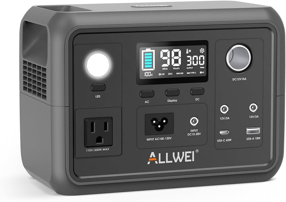 ALLWEI Portable Power Station 300W (Peak 600W) Upgraded, 256Wh LiFePO4 Battery Bank Solar-Generator with 6 Output Ports, Backup Power Supply for Camping Travel Blackout Home Use (Solar Panel Optional)