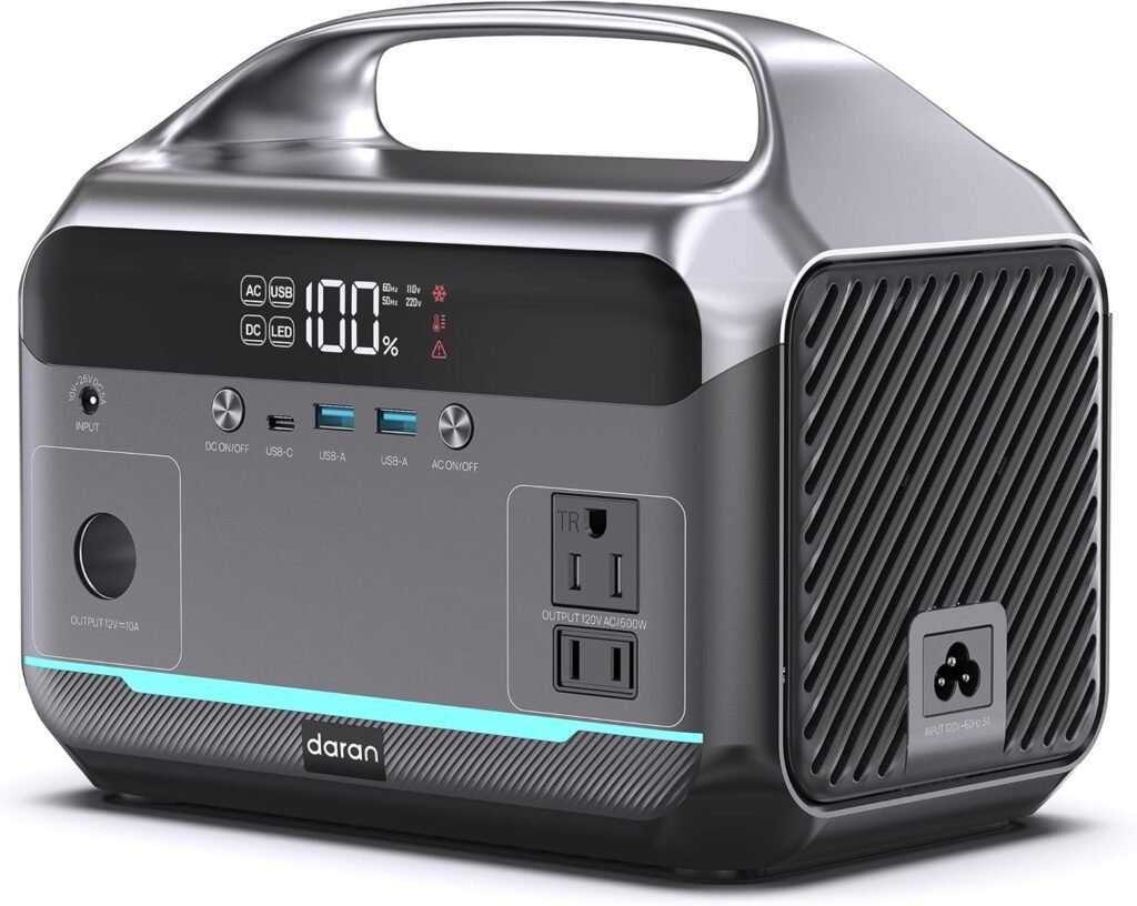 DARAN Portable Power Station 600W (1200W Peak), 288Wh (90,000mAh) Solar Generator LiFePO4 Battery with AC DC Outlets, 2hrs Fast Charging, 7-Port Design for Emergency, Hurricane (Solar Optional)