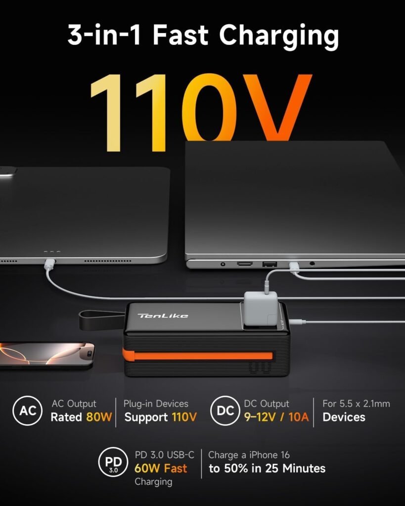 Portable Power Station with AC Outlet Power Bank for Camping Essentials Small Electric Mini Generator Large Lithium Battery Plug in Output 60W Type-C Laptop Home Backup Outdoor Emergency 99.9Wh, Black