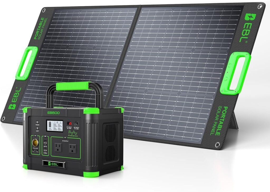 EBL 500W Portable Power Station with 100W Portable Solar Panel 20V, Outdoor Solar Generator 500W(Peak 1000W) Backup Battery Pack Solar Kit for RV/Van Camping Fishing Climbing Road Trip Home Emergency EBL 500W Portable Power Station with 100W Portable Solar Panel 20V, Outdoor Solar Generator 500W(Peak 1000W) Backup Battery Pack Solar Kit for RV/Van Camping Fishing Climbing Road Trip Home Emergency