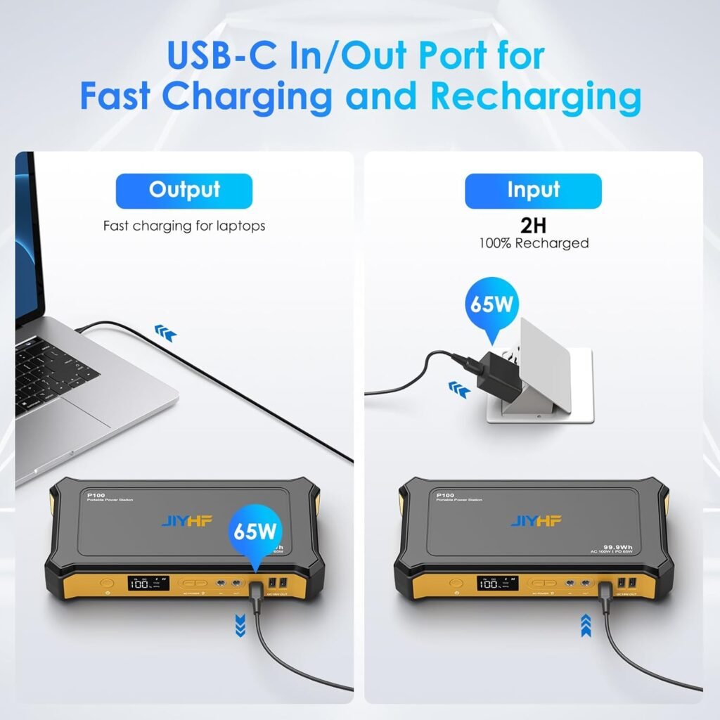JIYHF Portable Power Station 99.9Wh, Laptop Charger Backup Power with 65W USB-C PD, 100W AC Outlet, 12V DC Output, LED Light for Camping, Home Backup, Hurricane, Emergency, RV JIYHF Portable Power Station 99.9Wh, Laptop Charger Backup Power with 65W USB-C PD, 100W AC Outlet, 12V DC Output, LED Light for Camping, Home Backup, Hurricane, Emergency, RV