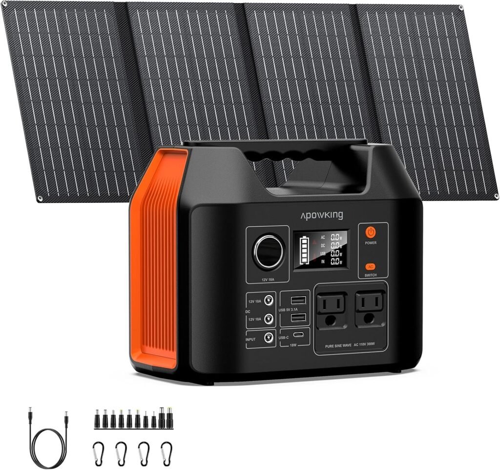 Apowking Portable Solar Powered Generator 300W Rated, with Solar Panels 40W Included, 220Wh Power Bank with AC Outlet 110V, and 10*DC Connectors, Pure Sine Wave for Home Use Camping Outdoor